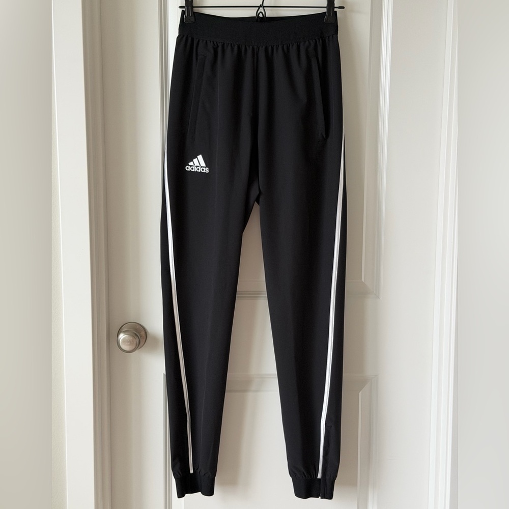 adidas Training Black Pants Joggers White Side Stripe Elastic Waist Ankle Zip